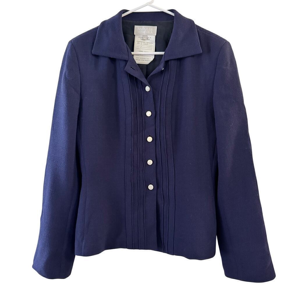 Vintage Badgley Mishka Navy Blue Wool Silk Lined Women’s Blazer Size 10 USA Made
